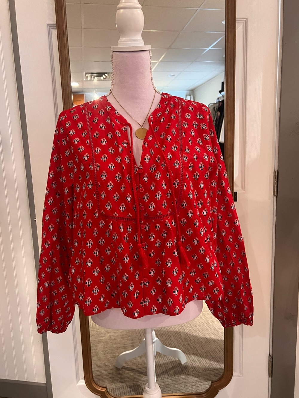 Universal Thread Red Printed Peasant Blouse with Tassel Tie
